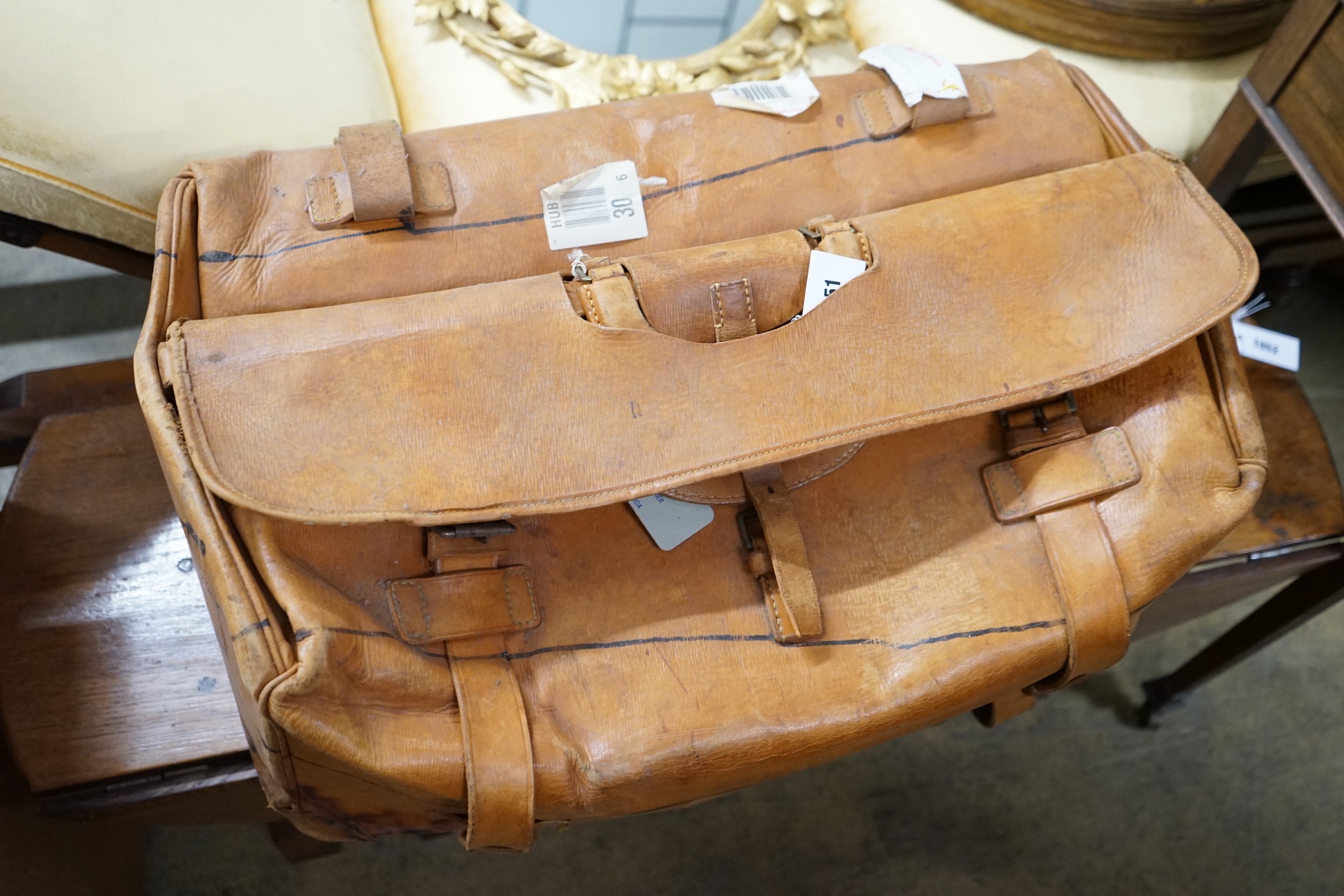 A large vintage tan leather Gladstone bag with Harrod's retail label, width 68cm, height 30cm